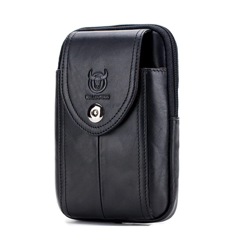 (image for) BULLCAPTAIN Genuine Leather Waist Pack Mens Small Fanny Belt Bag Travel Phone Pouch Male Work Leather Waist Bag